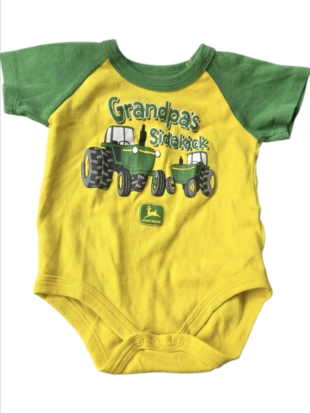 John Deere Yellow/Green 'Grandpa's Sidekick' Onsie-6-9mos EUC